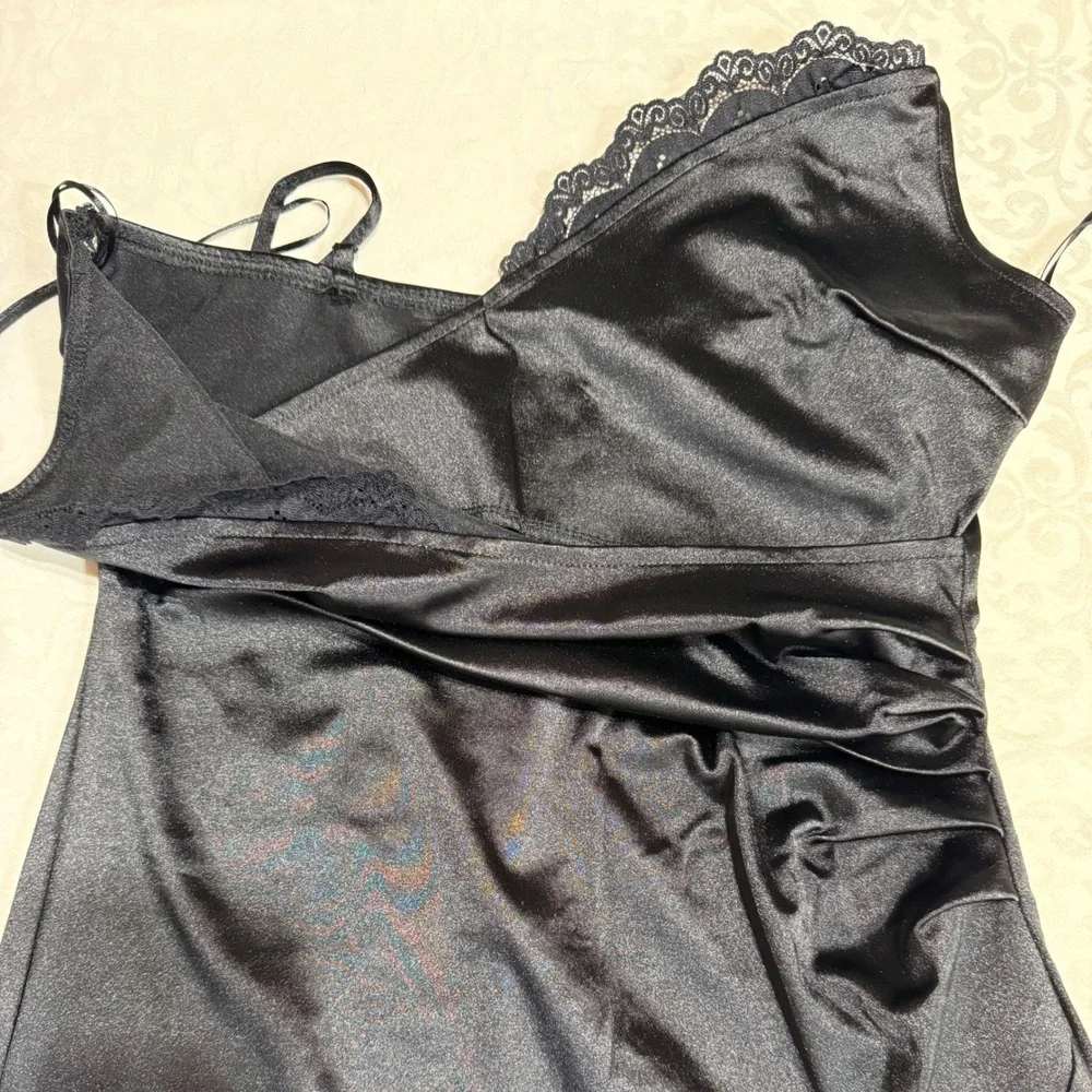 4 Hearts Slip Dress Womens M Black Lace Trim Mini Ruched Satin Cocktail Glam - Picture 8 of 11